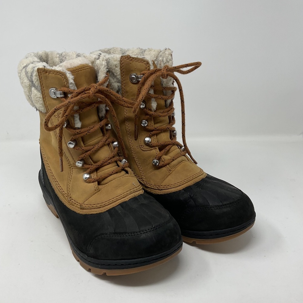 Sorel Whistler Waterproof Winter Boots Tan Black Faux Fur Women's 8